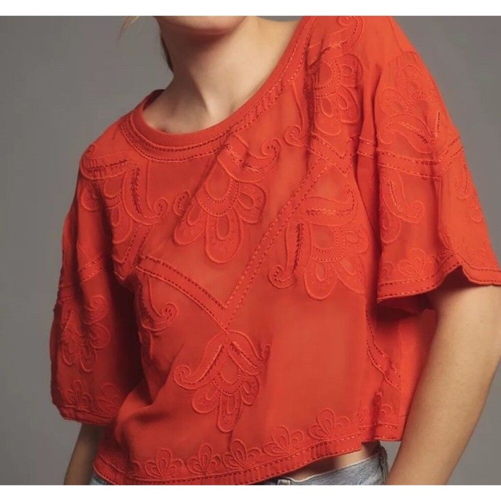 Anthropologie Sheer Embroidered Boxy Top Size Medium In Orange